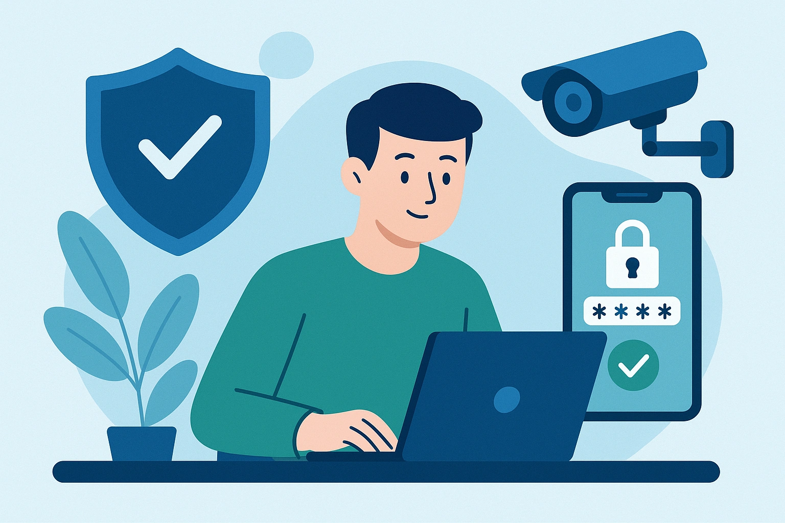 A comprehensive workspace illustration showing a person conducting a security audit with laptops, smartphones, safes, and security cameras in a modern flat design with blue and green security colors.